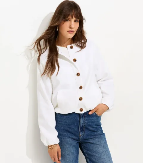 Women's Tall White Linen Blend Button Through Bomber Jacket