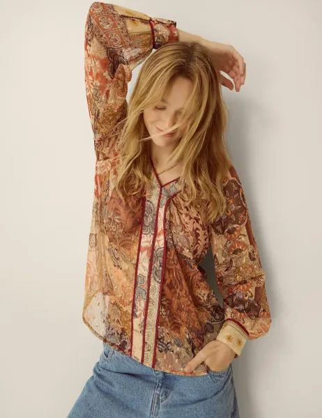 Monsoon Printed V-Neck Blouse Brown Mix