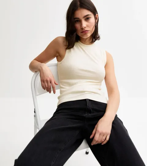 New Look Women's Cream Ribbed High Neck Tank Top