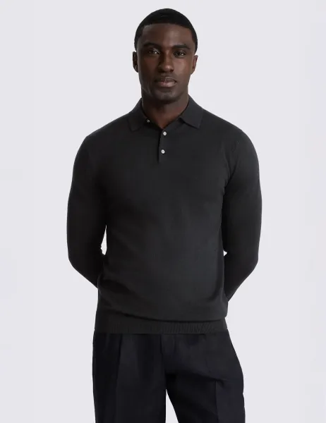 Moss Long Sleeve Polo Shirt with Merino Wool Black