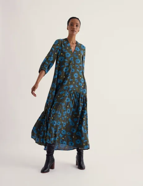 Seasalt Cornwall Cotton Rich Floral Midaxi Tiered Dress Blue Mix