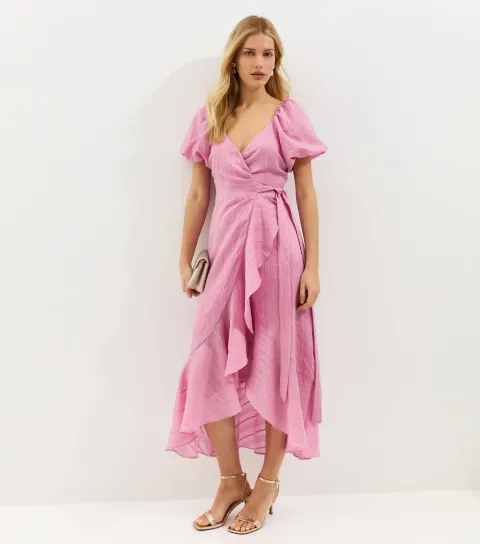 Women's Pink Textured Ruffle Trimmed Wrap Midi Dress
