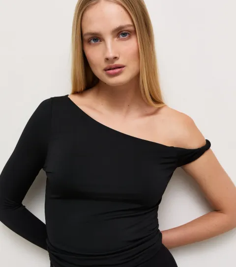 New Look Women's Black Jersey Twist Fallen Shoulder Long Sleeve Top