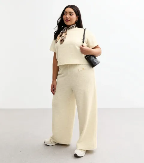 Women's Plus Size Cream Textured Button Detail Wide Leg Trousers Curves