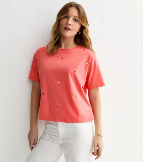 Women's Orange Cotton Boxy Embroidered Fruit T-Shirt