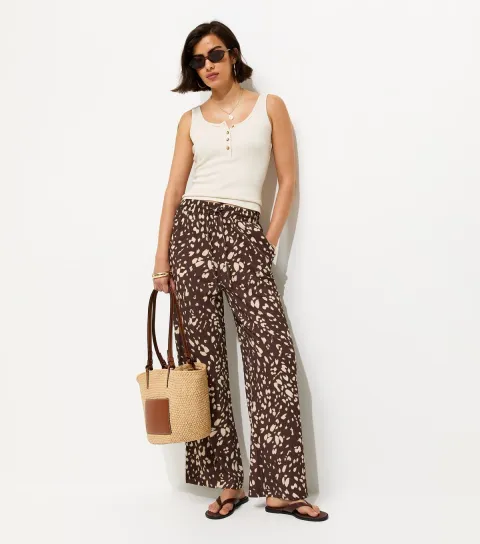 Women's Brown Animal Print Crinkled Wide Leg Trousers