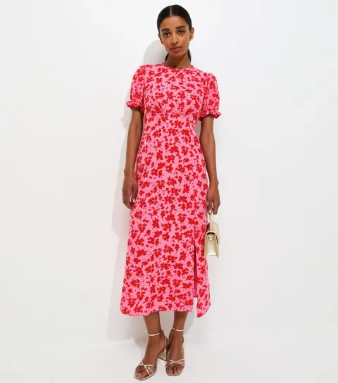 Women's Pink Crepe Floral Short Sleeve Midi Dress