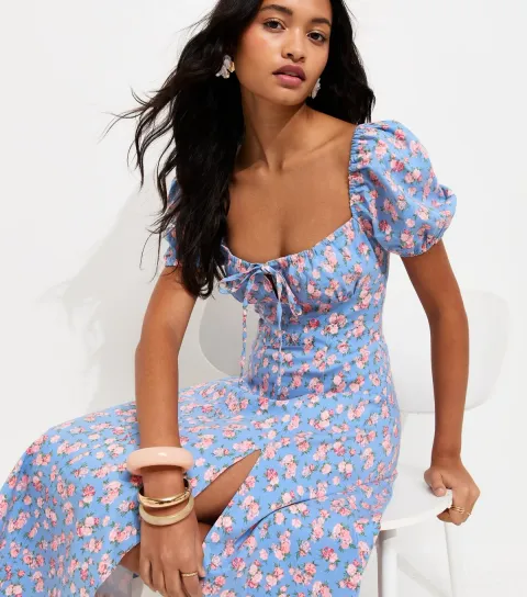 Women's Blue Rose Print Milkmaid Midi Dress