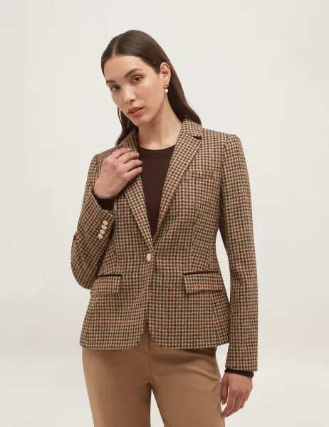 Hobbs Pure Wool Checked Short Jacket Brown Mix