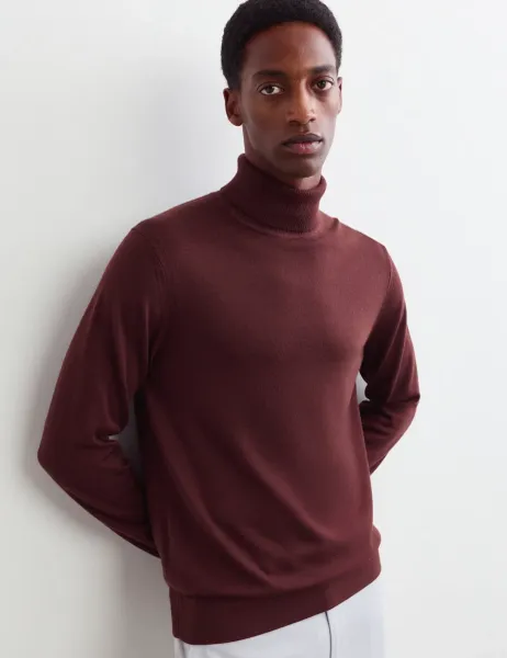 Jaeger Merino Wool Rich Roll Neck Jumper with Silk Dark Burgundy