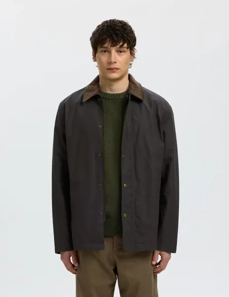 Selected Pure Cotton Cord Collar Wax Jacket Brown