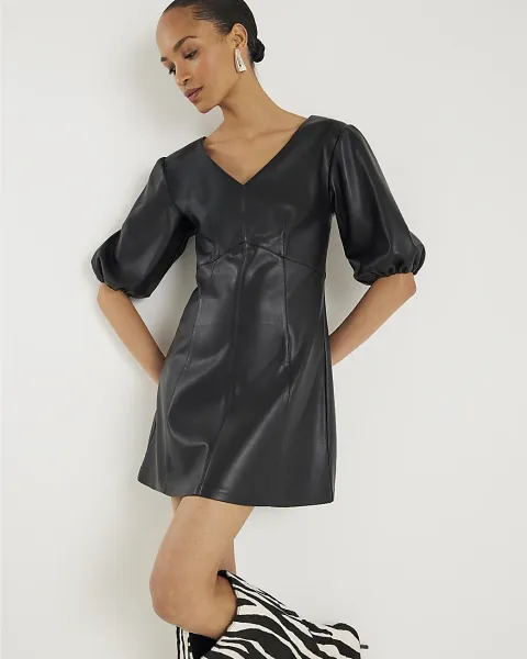River Island Faux Leather Puff Sleeve Mini Dress
