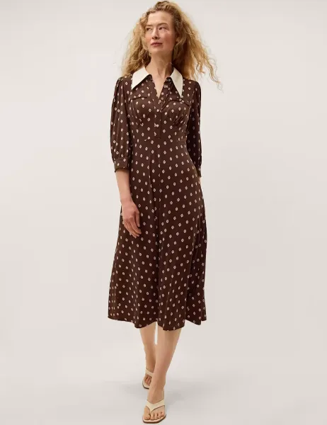 Monsoon Jersey Printed Midi Shirt Dress Chocolate