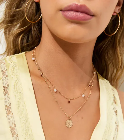 2 Layer Gold Tone Beaded Coin Pendant Necklace
