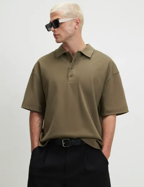 River Island Pure Cotton Short Sleeve Polo Shirt Khaki