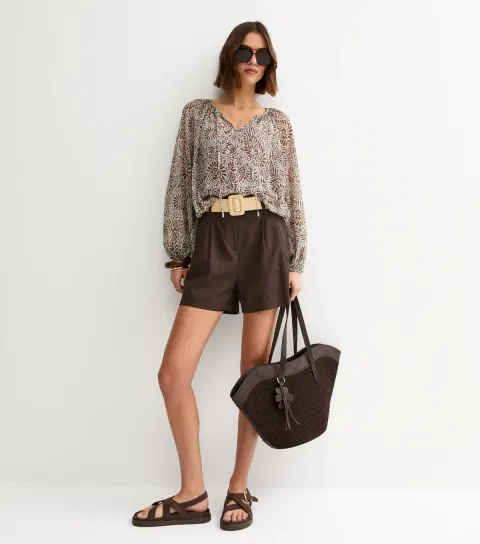 Women's Dark Brown Linen Blend Belted Shorts