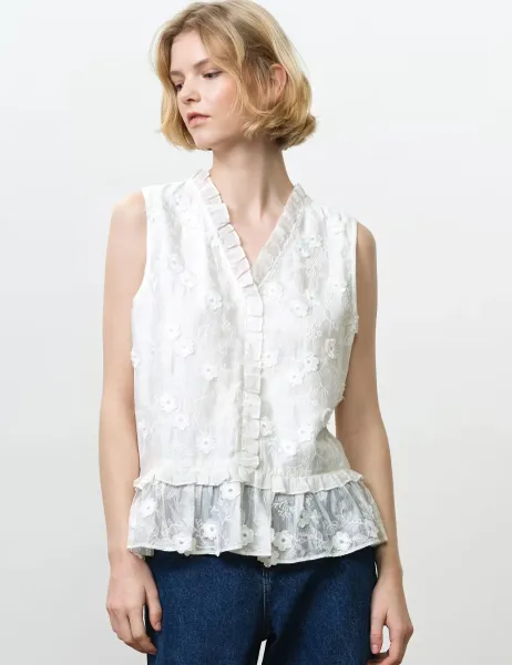 French Connection Pure Cotton Embroidered V-Neck Peplum Top White