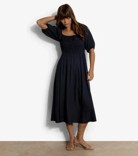Women's Navy With Linen Bardot Midi Dress