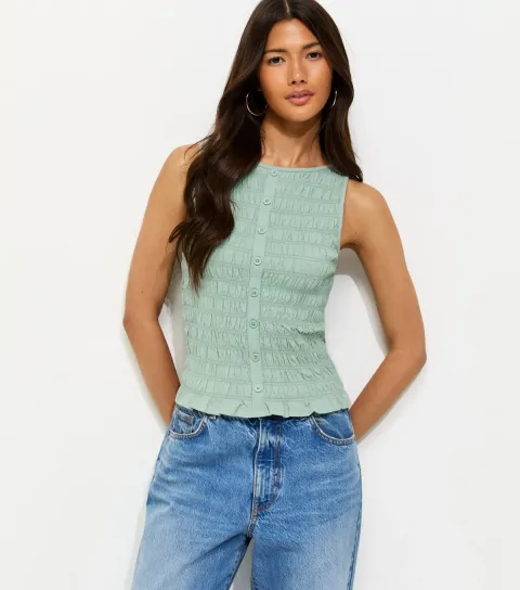 New Look Women's Light Green Shirred Button Front Sleeveless Top