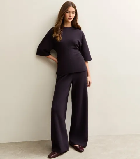 New Look Women's Dark Purple Soft Touch Wide Leg Trousers