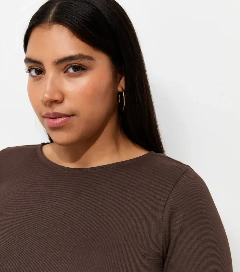 Women's Plus Size Dark Brown Cotton Rich Long Sleeve Babylock Top Curves