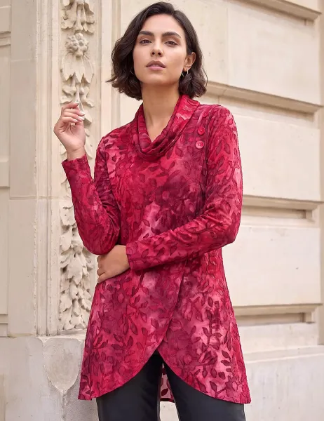 Roman Burnout Print Cowl Neck Tunic Top Burgundy