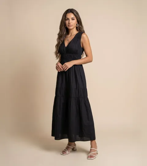 Urban Bliss Women's Black Cotton Poplin Ruched Maxi Dress
