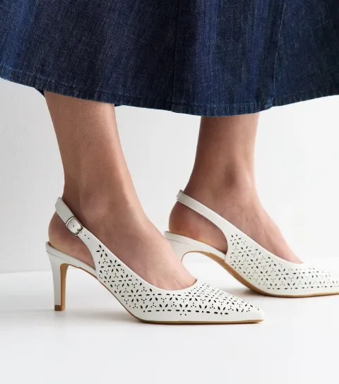 Women's White Faux Leather Floral Cut Out Slingback Court Heels Vegan