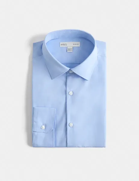 Marks & Spencer Easy Iron Slim Fit 2 Inch Shorter Cotton Blend Shirt Mid Blue