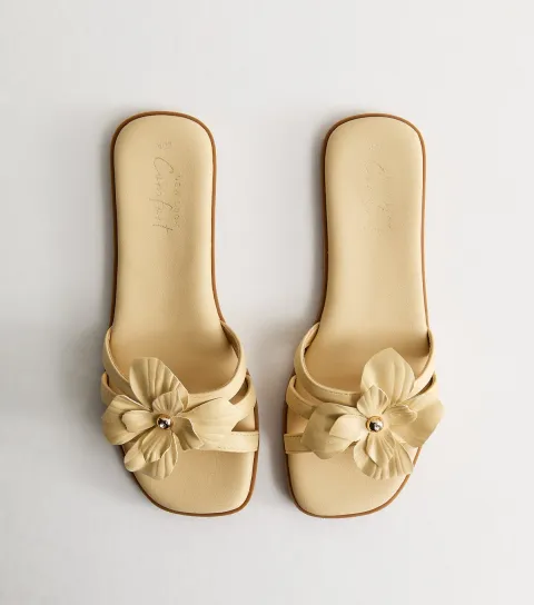Women's Light Yellow Flower Detail Flat Mules Vegan