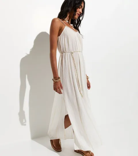 Women's Cream Metallic Braided Trim Beach Maxi Dress