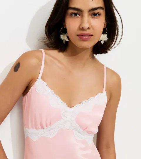 Women's Light Pink Satin Lace Trim Midi Dress