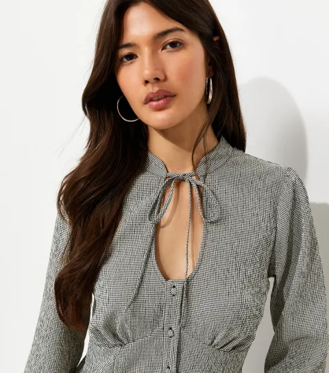 Women's Grey Check Keyhole Long Sleeve Blouse