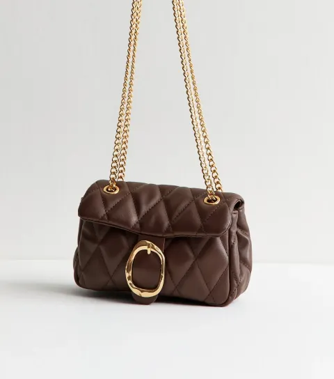 New Look Dark Brown Quilted Faux Leather Chain Strap Bag Vegan