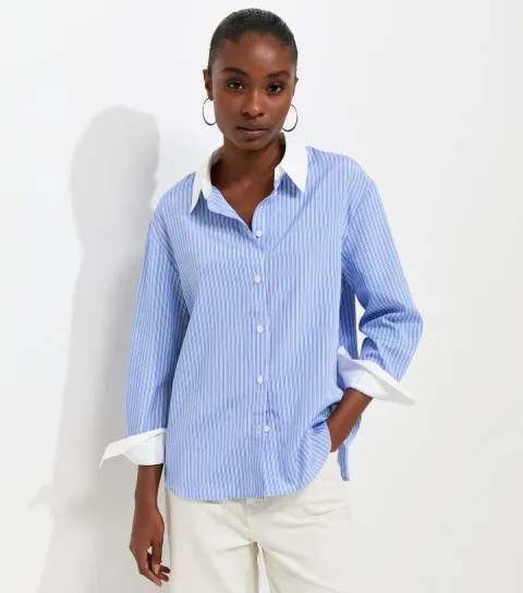 Women's Blue Striped Contrast Collar Long Sleeve Shirt