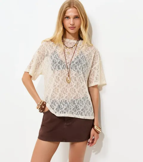 New Look Women's Cream Oversized Lace Boxy Fit Top