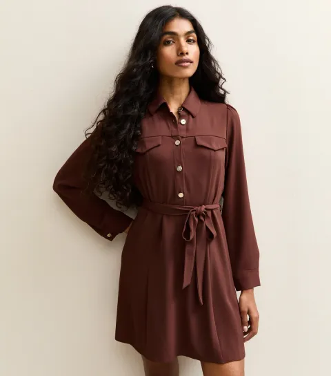 Women's Petite Brown Shirt Mini Dress
