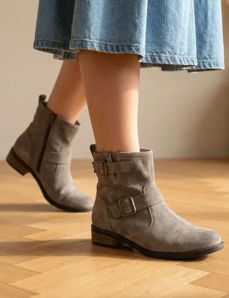 Jones Bootmaker Suede Buckle Block Heel Ankle Boots Taupe