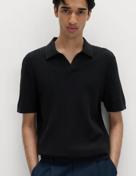 Marks & Spencer Cotton Rich Rib Texture Open Neck Polo Shirt Navy