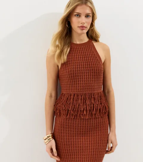 Women's Dark Red Fringed Hem Cotton Rich Vest