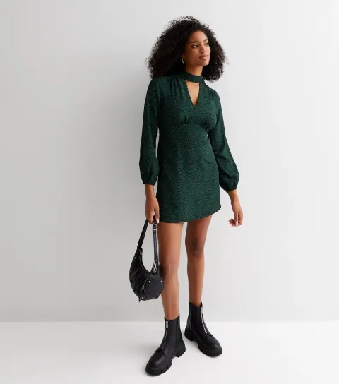 New Look Women's Green Animal Print Keyhole Puff Sleeve Mini Dress