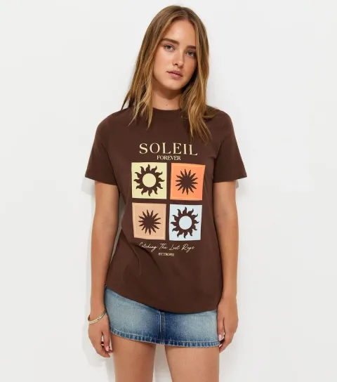 Women's Dark Brown Cotton Soleil Sun Print Crew Neck T-Shirt