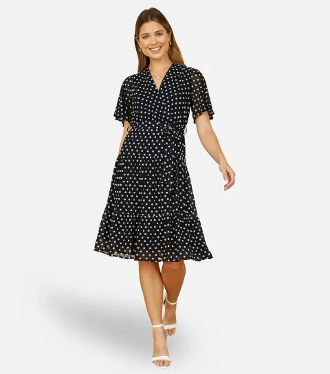Women's Navy Dot Print Flutter Sleeve Midi Dress