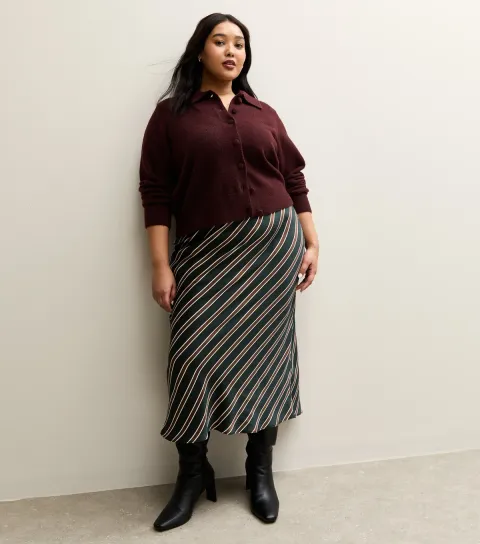 Women's Plus Size Black Satin Striped Bias Cut Midi Skirt Curves