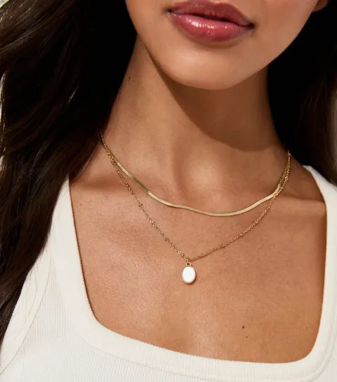 Gold Tone 2 Layer Oval Pendant Necklace
