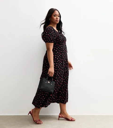 New Look Women's Black Berry Print Milkmaid Midi Dress