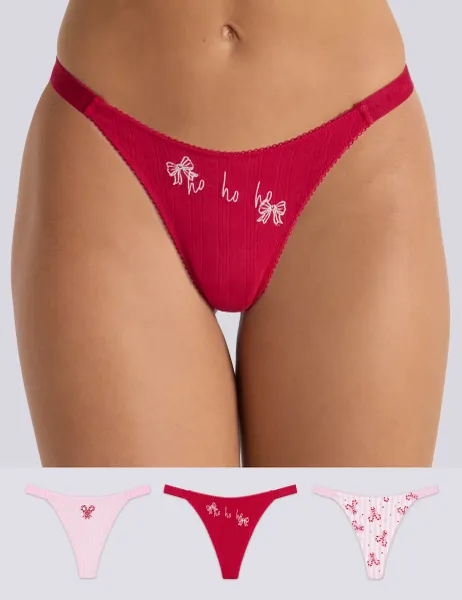 Boux Avenue 3 Pack Christmas Cotton Rich High Leg Thongs Red Mix
