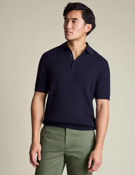 Charles Tyrwhitt Pure Cotton Cable Knitted Polo Shirt Indigo
