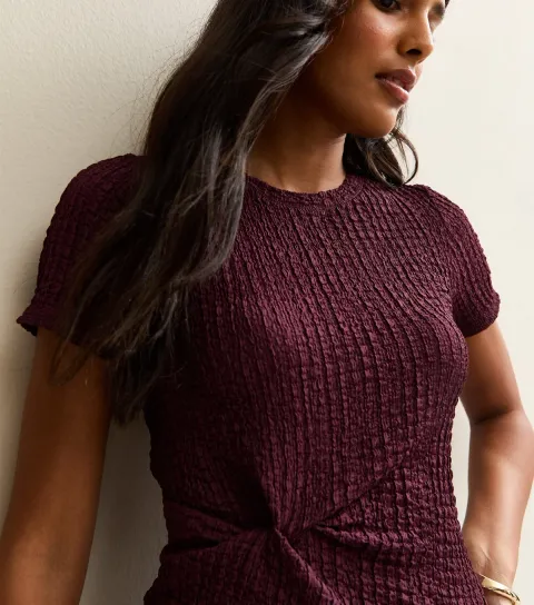 New Look Women's Dark Burgundy Textured Twist Short Sleeve Top