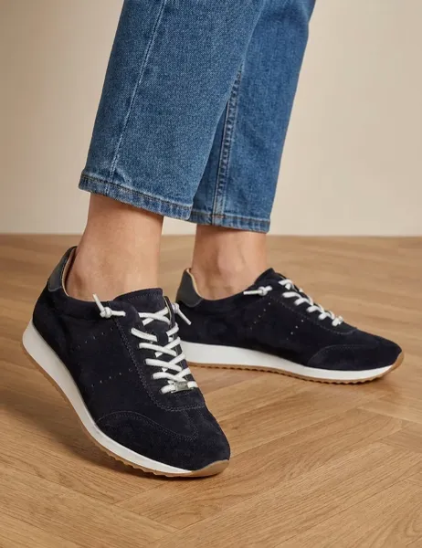 Jones Bootmaker Alenya Suede Leather Lace Up Trainers Navy